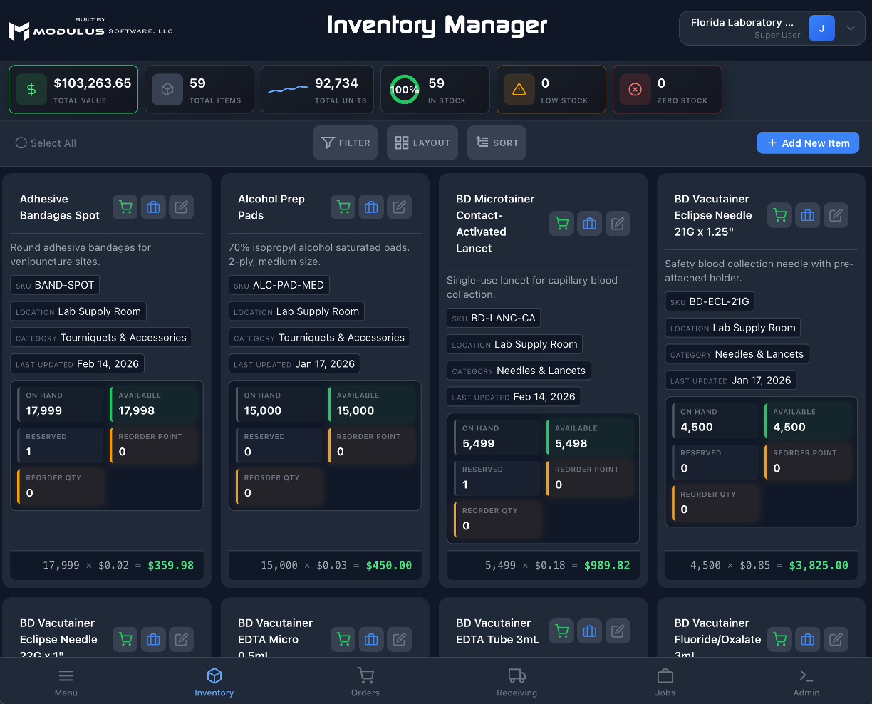 Inventory Manager — Florida Laboratory Analysis inventory cards showing stock levels, SKUs, and costs